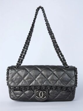 CHANEL Gunmetal Quilted Lambskin Shoulder Bag with Chain Strap
